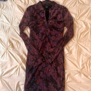 Floral Long Sleeve Dress - Purple and Black